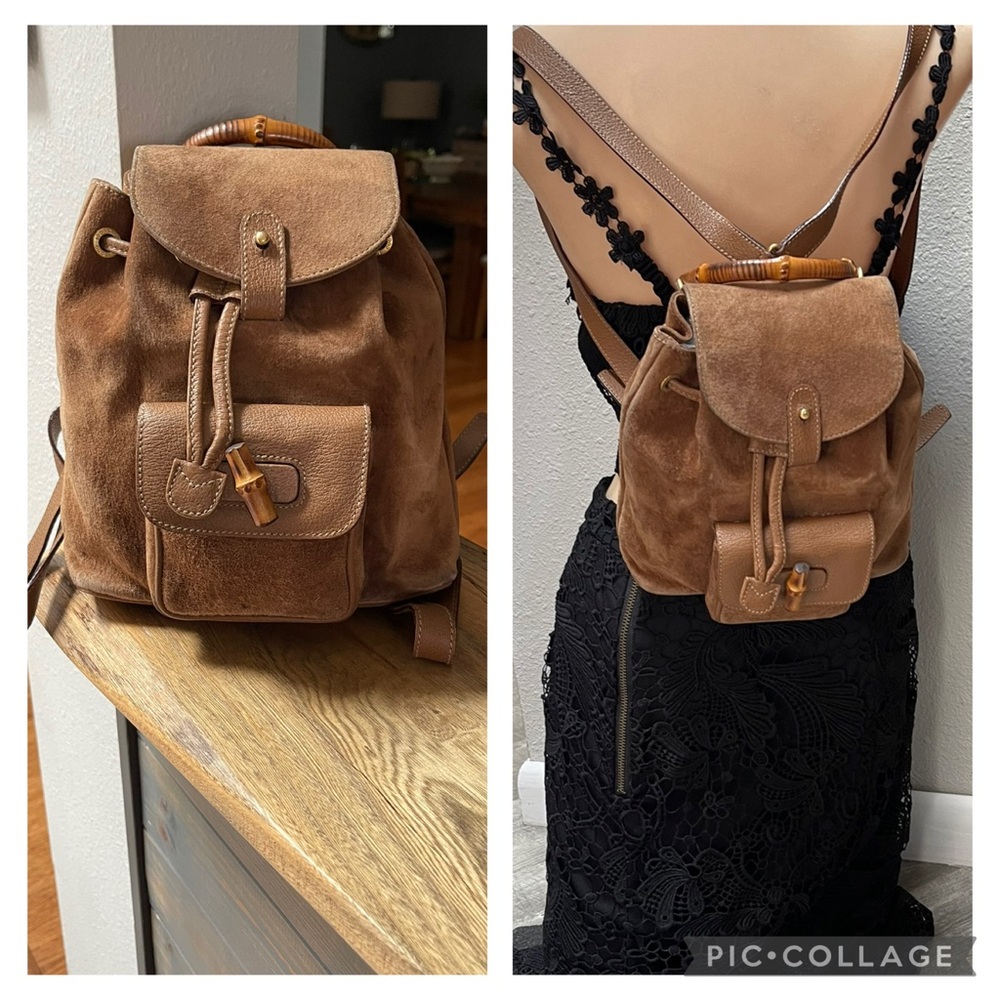 Authentic Gucci Bamboo Brown Suede & Leather Vintage Backpack